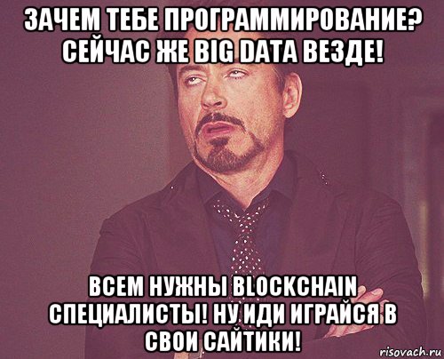 зачем тебе программирование? сейчас же big data везде! всем нужны blockchain специалисты! ну иди играйся в свои сайтики!, Мем твое выражение лица