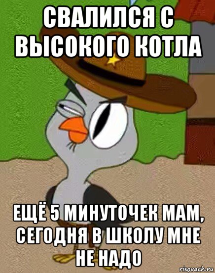 свалился с высокого котла ещё 5 минуточек мам, сегодня в школу мне не надо, Мем    Упоротая сова