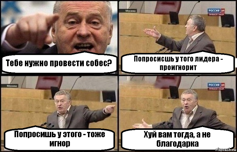 Тебе нужно провести собес? Попросисшь у того лидера - проигнорит Попросишь у этого - тоже игнор Хуй вам тогда, а не благодарка, Комикс Жириновский