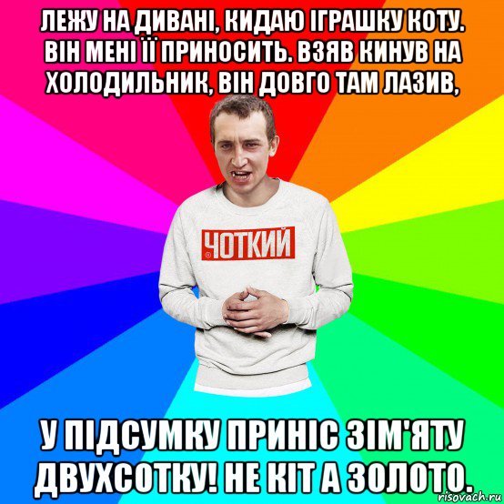 лежу на дивані, кидаю іграшку коту. він мені її приносить. взяв кинув на холодильник, він довго там лазив, у підсумку приніс зім'яту двухсотку! не кіт а золото., Мем Чоткий