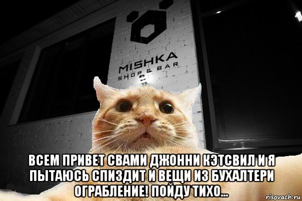  всем привет свами джонни кэтсвил и я пытаюсь спиздит и вещи из бухалтери ограбление! пойду тихо..., Мем   Джонни Кэтсвилл