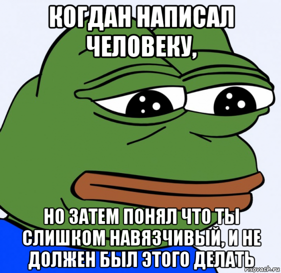 когдан написал человеку, но затем понял что ты слишком навязчивый, и не должен был этого делать, Мем Грустная лягушка