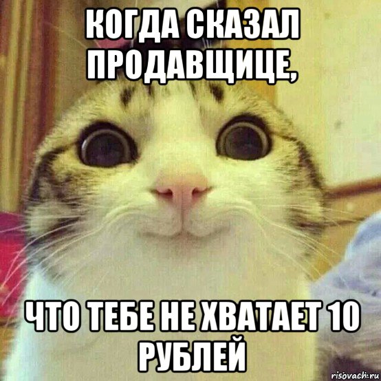 когда сказал продавщице, что тебе не хватает 10 рублей, Мем       Котяка-улыбака