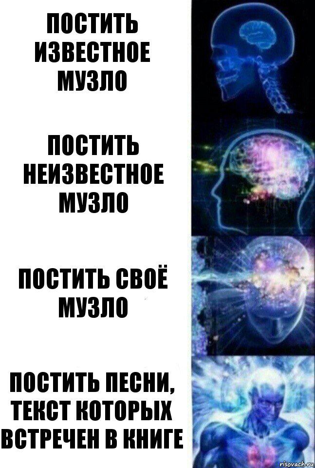 Постить известное музло Постить неизвестное музло Постить своё музло Постить песни, текст которых встречен в книге, Комикс  Сверхразум