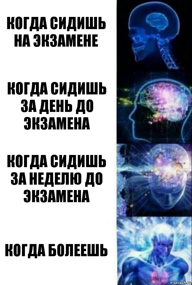 Когда сидишь на экзамене Когда сидишь за день до экзамена Когда сидишь за неделю до экзамена Когда болеешь, Комикс  Сверхразум