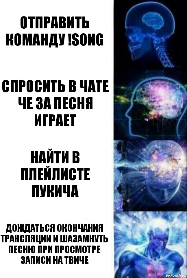 Отправить команду !song Спросить в чате че за песня играет Найти в плейлисте пукича Дождаться окончания трансляции и шазамнуть песню при просмотре записи на твиче, Комикс  Сверхразум