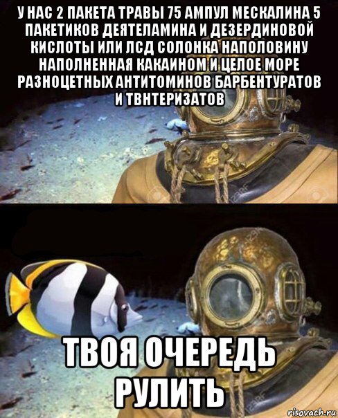 у нас 2 пакета травы 75 ампул мескалина 5 пакетиков деятеламина и дезердиновой кислоты или лсд солонка наполовину наполненная какаином и целое море разноцетных антитоминов барбентуратов и твнтеризатов твоя очередь рулить