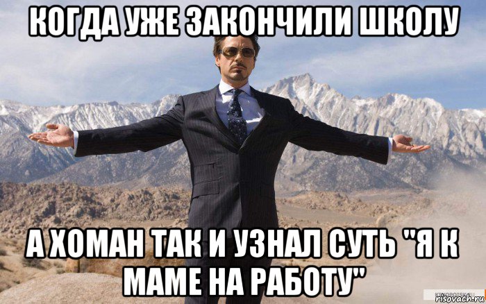 когда уже закончили школу а хоман так и узнал суть "я к маме на работу", Мем железный человек