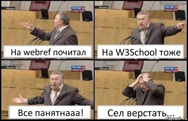 На webref почитал На W3School тоже Все панятнааа! Сел верстать..., Комикс Жирик в шоке хватается за голову