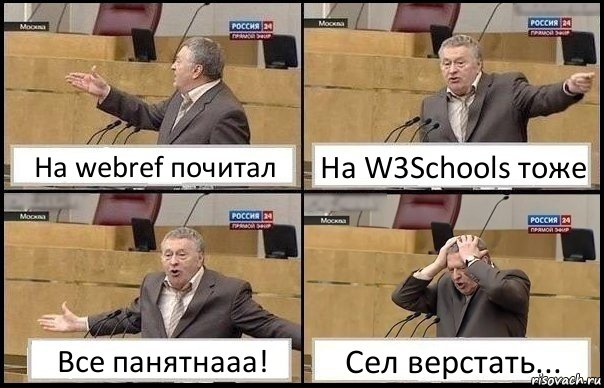 На webref почитал На W3Schools тоже Все панятнааа! Сел верстать..., Комикс Жирик в шоке хватается за голову