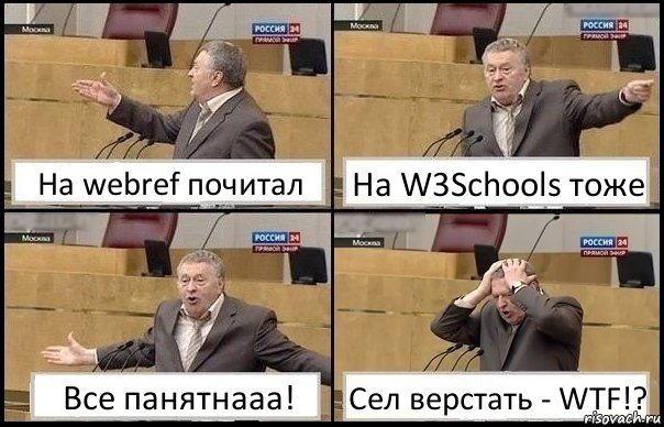 На webref почитал На W3Schools тоже Все панятнааа! Сел верстать - WTF!?, Комикс Жирик в шоке хватается за голову