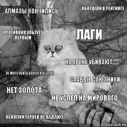 Алмазы кончились Слабые союзники Лаги Осколки героев не падают Не могу убить босса в бездне Обогнали в рейтинге Не успел на мирового Противник ультует первым Нет золота На арене убивают, Комикс  кот безысходность