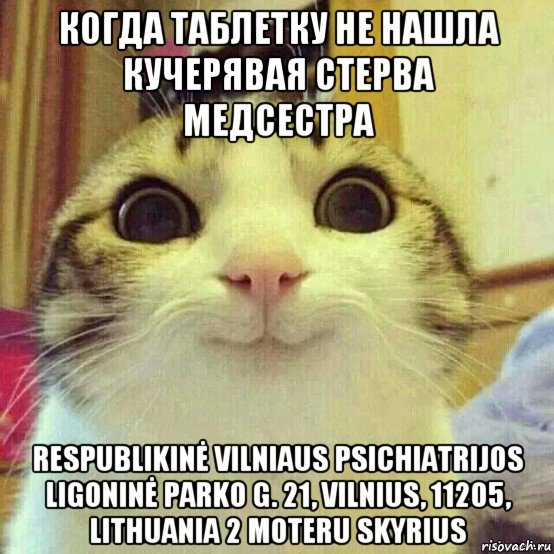 когда таблетку не нашла кучерявая стерва медсестра respublikinė vilniaus psichiatrijos ligoninė parko g. 21, vilnius, 11205, lithuania 2 moteru skyrius, Мем       Котяка-улыбака