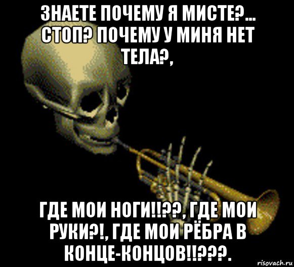 знаете почему я мисте?... стоп? почему у миня нет тела?, где мои ноги!!??, где мои руки?!, где мои рёбра в конце-концов!!???., Мем Мистер дудец