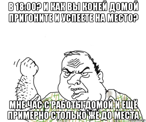 в 18:00? и как вы коней домой пригоните и успеете на место? мне час с работы домой и ещё примерно столько же до места, Мем Мужик блеать