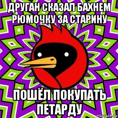 друган сказал бахнем рюмочку за старину пошёл покупать петарду, Мем Омская птица