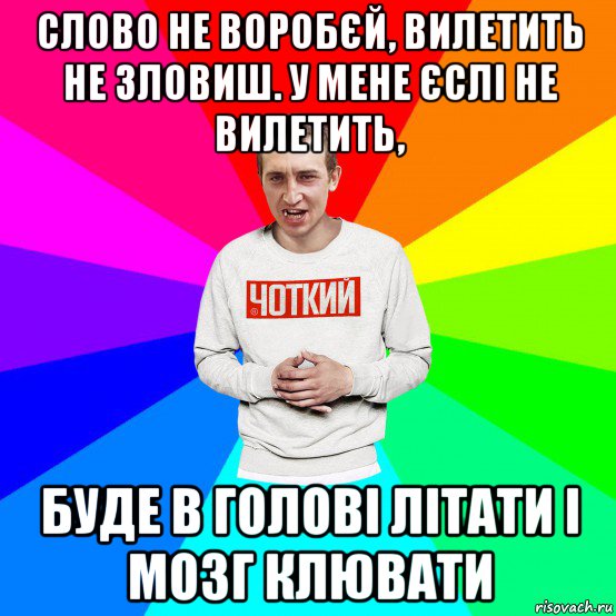 слово не воробєй, вилетить не зловиш. у мене єслі не вилетить, буде в голові літати і мозг клювати, Мем Чоткий