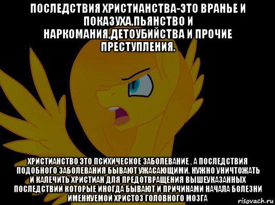 последствия христианства-это вранье и показуха,пьянство и наркомания,детоубийства и прочие преступления. христианство это психическое заболевание , а последствия подобного заболевания бывают ужасающими. нужно уничтожать и калечить христиан для предотвращения вышеуказанных последствий которые иногда бывают и причинами начала болезни именнуемой христоз головного мозга, Мем  Пони1