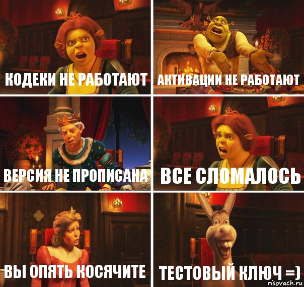 кодеки не работают активации не работают версия не прописана все сломалось вы опять косячите тестовый ключ =), Комикс  Шрек Фиона Гарольд Осел