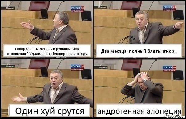 Говорила:"Ты лезешь и рушишь наши отношения!" Удалила и заблокировала всюду. Два месяца, полный блять игнор... Один хуй срутся андрогенная алопеция, Комикс Жирик в шоке хватается за голову