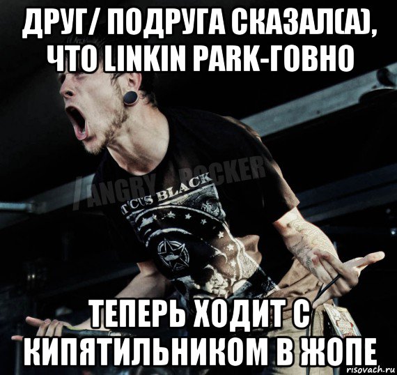 друг/ подруга сказал(а), что linkin park-говно теперь ходит с кипятильником в жопе, Мем Агрессивный Рокер