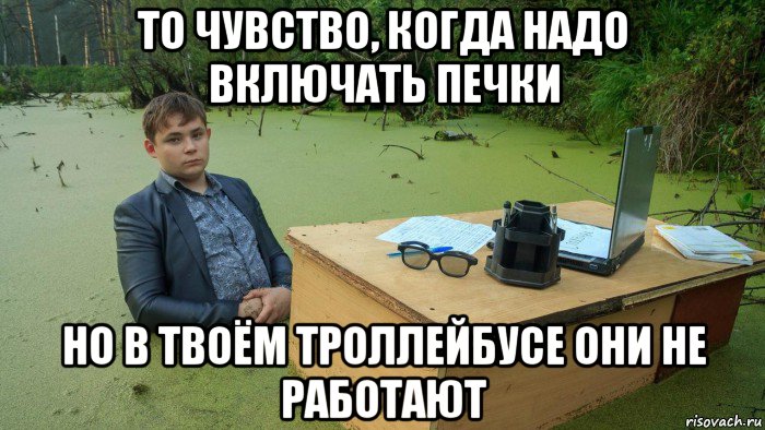 то чувство, когда надо включать печки но в твоём троллейбусе они не работают, Мем  Парень сидит в болоте