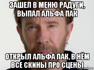 зашел в меню радуги, выпал альфа пак открыл альфа пак, в нём все скины про сцены, Мем Чаке подозревает