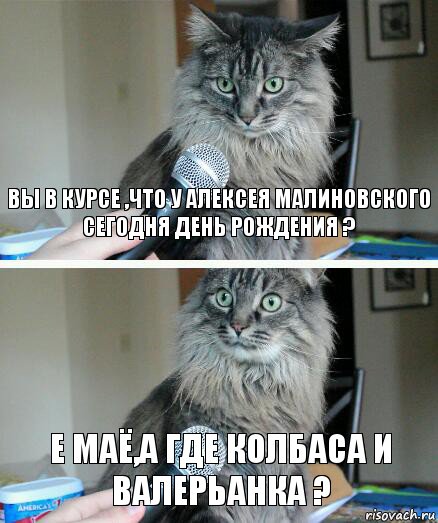 Вы в курсе ,что у Алексея Малиновского Сегодня День рождения ? Е маё,а где колбаса и валерьанка ?, Комикс  кот с микрофоном