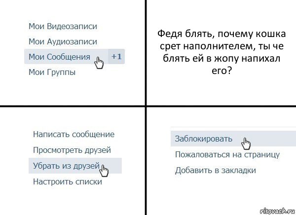 Федя блять, почему кошка срет наполнителем, ты че блять ей в жопу напихал его?, Комикс  Удалить из друзей