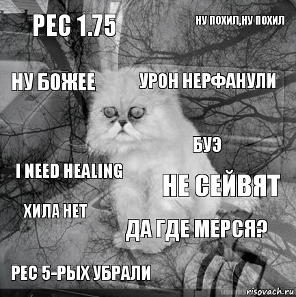 Рес 1.75 Не сейвят Урон нерфанули Рес 5-рых убрали i Need healing Ну Похил,Ну похил Да где мерся? Ну божее хила нет Буэ, Комикс  кот безысходность