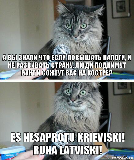 а вы знали что если повышать налоги, и не развивать страну, люди поднимут бунт и сожгут вас на костре? Es nesaprotu krieviski! runa latviski!, Комикс  кот с микрофоном