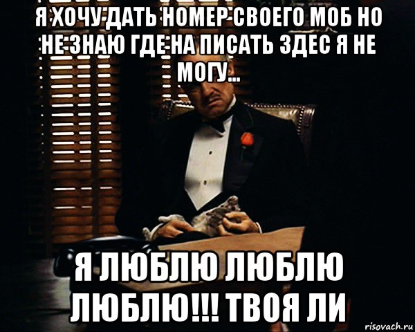 я хочу дать номер своего моб но не знаю где на писать здес я не могу... я люблю люблю люблю!!! твоя ли, Мем Дон Вито Корлеоне