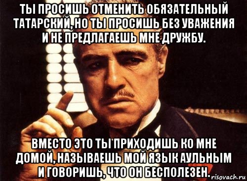 ты просишь отменить обязательный татарский, но ты просишь без уважения и не предлагаешь мне дружбу. вместо это ты приходишь ко мне домой, называешь мой язык аульным и говоришь, что он бесполезен., Мем крестный отец