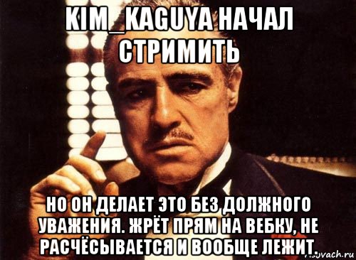 kim_kaguya начал стримить но он делает это без должного уважения. жрёт прям на вебку, не расчёсывается и вообще лежит., Мем крестный отец