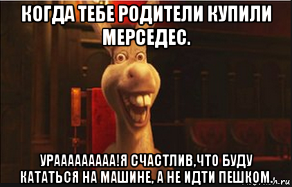 когда тебе родители купили мерседес. урааааааааа!я счастлив,что буду кататься на машине, а не идти пешком., Мем Осел из Шрека