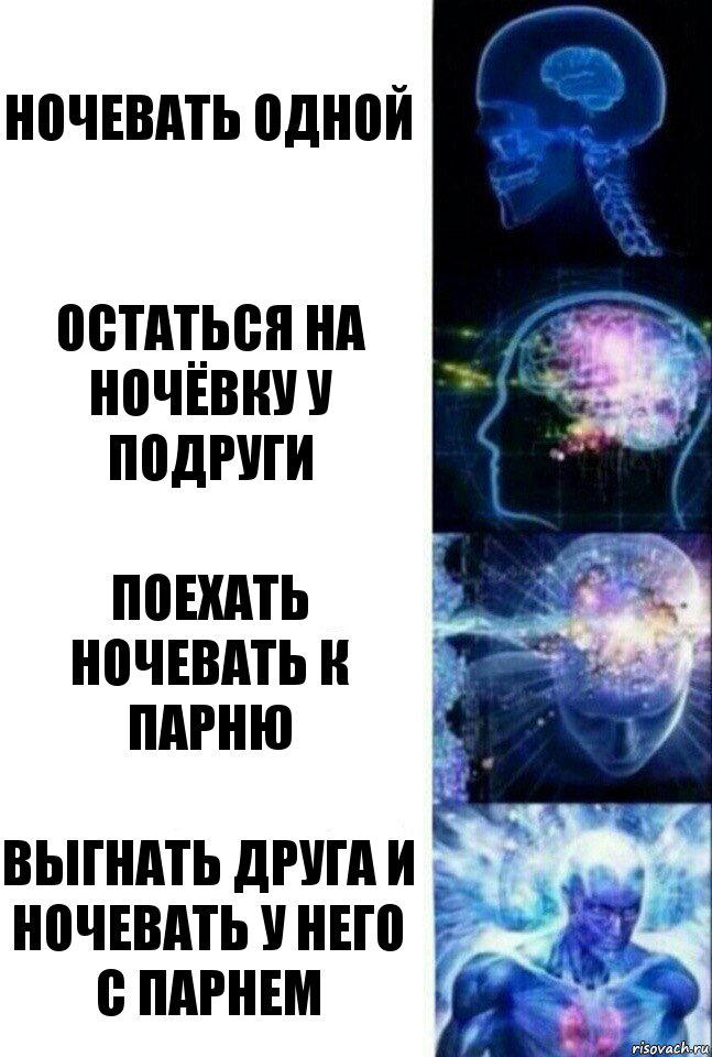 Ночевать одной Остаться на ночёвку у подруги Поехать ночевать к парню Выгнать друга и ночевать у него с парнем, Комикс  Сверхразум