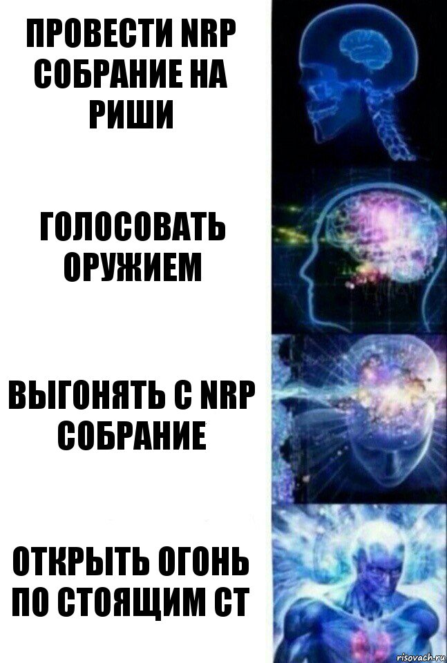 Провести NRP собрание на Риши Голосовать оружием Выгонять с NRP собрание Открыть огонь по стоящим СТ, Комикс  Сверхразум