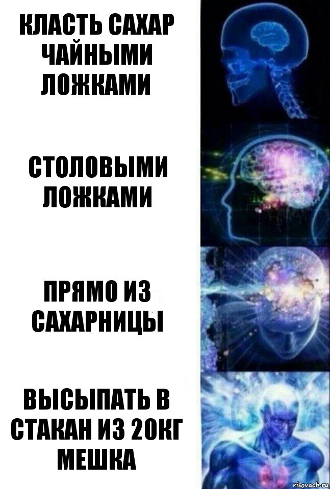 Класть сахар чайными ложками Столовыми ложками Прямо из сахарницы Высыпать в стакан из 20кг мешка, Комикс  Сверхразум