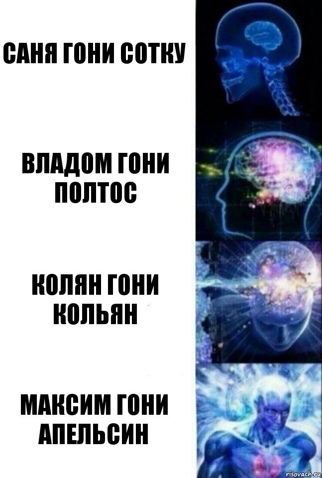 Саня гони сотку Владом гони полтос Колян гони кольян Максим гони апельсин, Комикс  Сверхразум