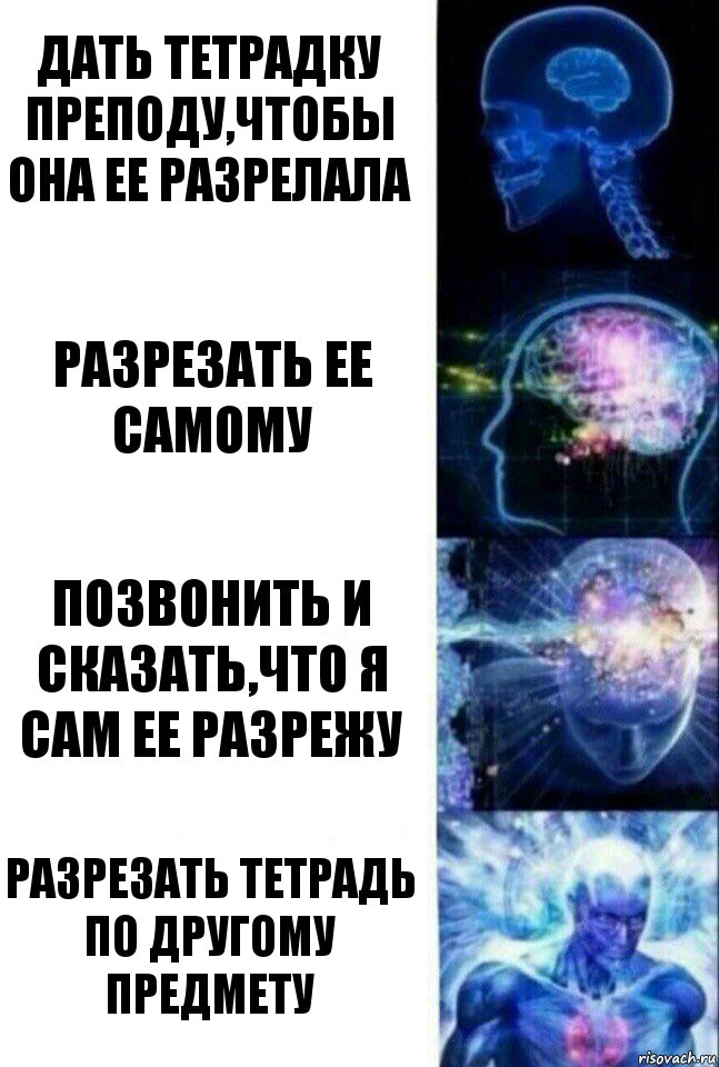 Дать тетрадку преподу,чтобы она ее разрелала Разрезать ее самому Позвонить и сказать,что я сам ее разрежу Разрезать тетрадь по другому предмету, Комикс  Сверхразум