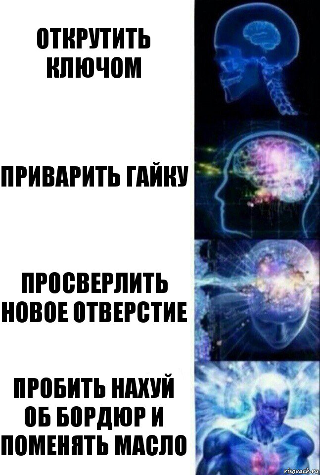 Открутить ключом Приварить гайку Просверлить новое отверстие Пробить нахуй об бордюр и поменять масло, Комикс  Сверхразум