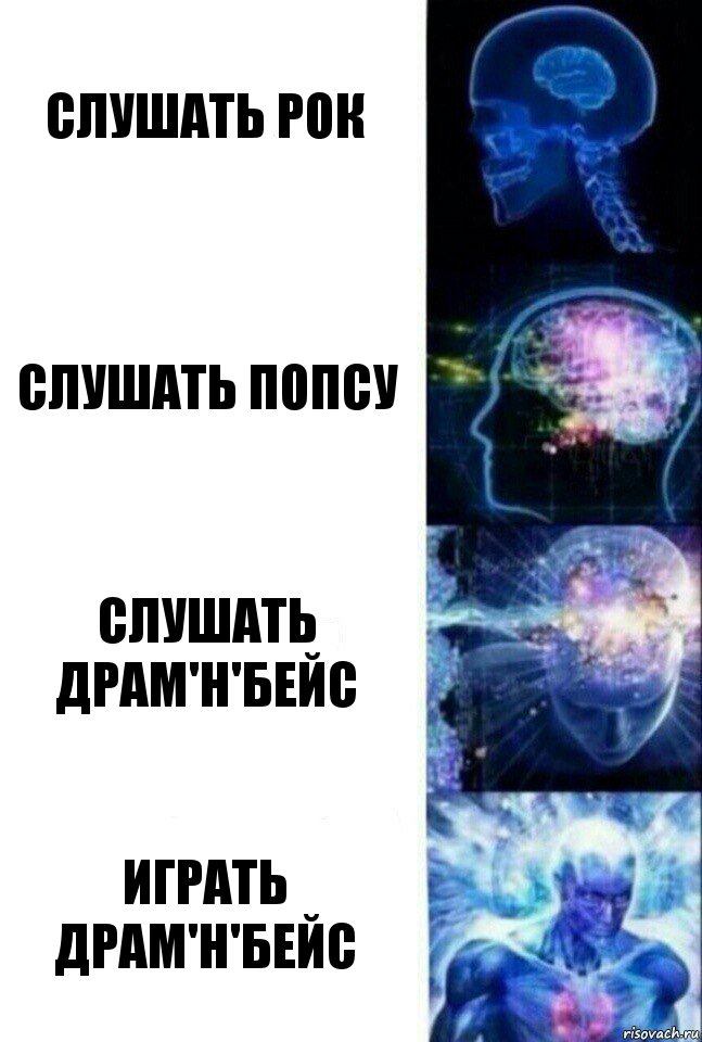 слушать рок слушать попсу слушать драм'н'бейс играть драм'н'бейс, Комикс  Сверхразум