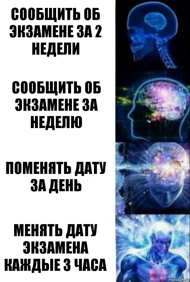 Сообщить об экзамене за 2 недели Сообщить об экзамене за неделю Поменять дату за день Менять дату экзамена каждые 3 часа, Комикс  Сверхразум