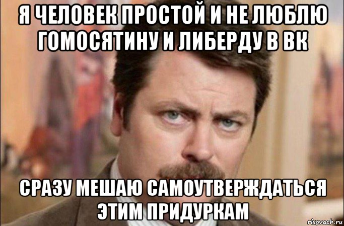 я человек простой и не люблю гомосятину и либерду в вк сразу мешаю самоутверждаться этим придуркам, Мем  Я человек простой