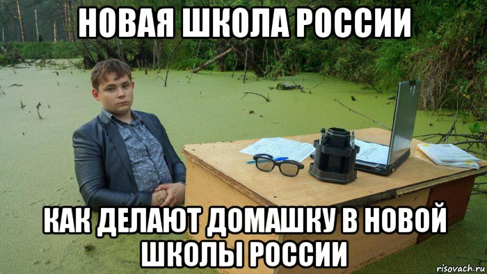 новая школа россии как делают домашку в новой школы россии, Мем  Парень сидит в болоте