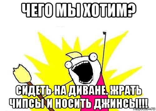 чего мы хотим? сидеть на диване. жрать чипсы и носить джинсы!!!, Мем кто мы чего мы хотим