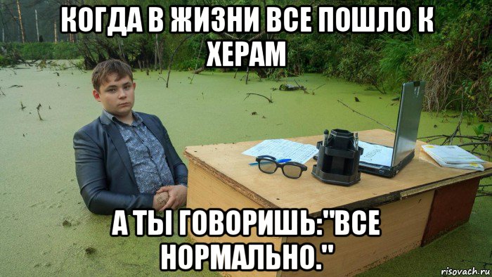 когда в жизни все пошло к херам а ты говоришь:"все нормально.", Мем  Парень сидит в болоте