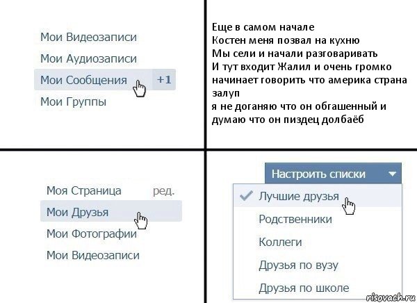 Еще в самом начале
Костен меня позвал на кухню
Мы сели и начали разговаривать
И тут входит Жалил и очень громко начинает говорить что америка страна залуп
я не доганяю что он обгашенный и думаю что он пиздец долбаёб, Комикс  Лучшие друзья