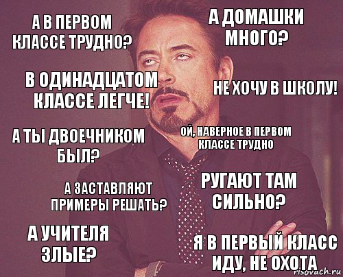 А в первом классе трудно? А домашки много? А ты двоечником был? А учителя злые? Ругают там сильно? Ой, наверное в первом классе трудно А заставляют примеры решать? Я в первый класс иду, не охота В одинадцатом классе легче! Не хочу в школу!, Комикс мое лицо