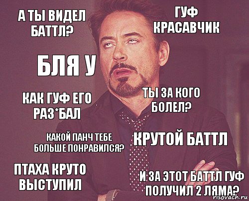 А ты видел баттл? Гуф красавчик Как гуф его раз*бал Птаха круто выступил Крутой баттл Ты за кого болел? Какой панч тебе больше понравился? И за этот баттл гуф получил 2 ляма? Бля у , Комикс мое лицо